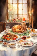 A watercolor of a Christmas dinner table with a festive feast and family