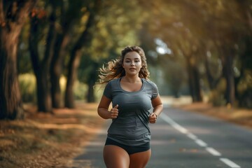 beautiful plus size woman runs outdoors in the park on a jogging track. Fitness goals for obesity