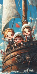 Three cute anime children on a sailing ship.