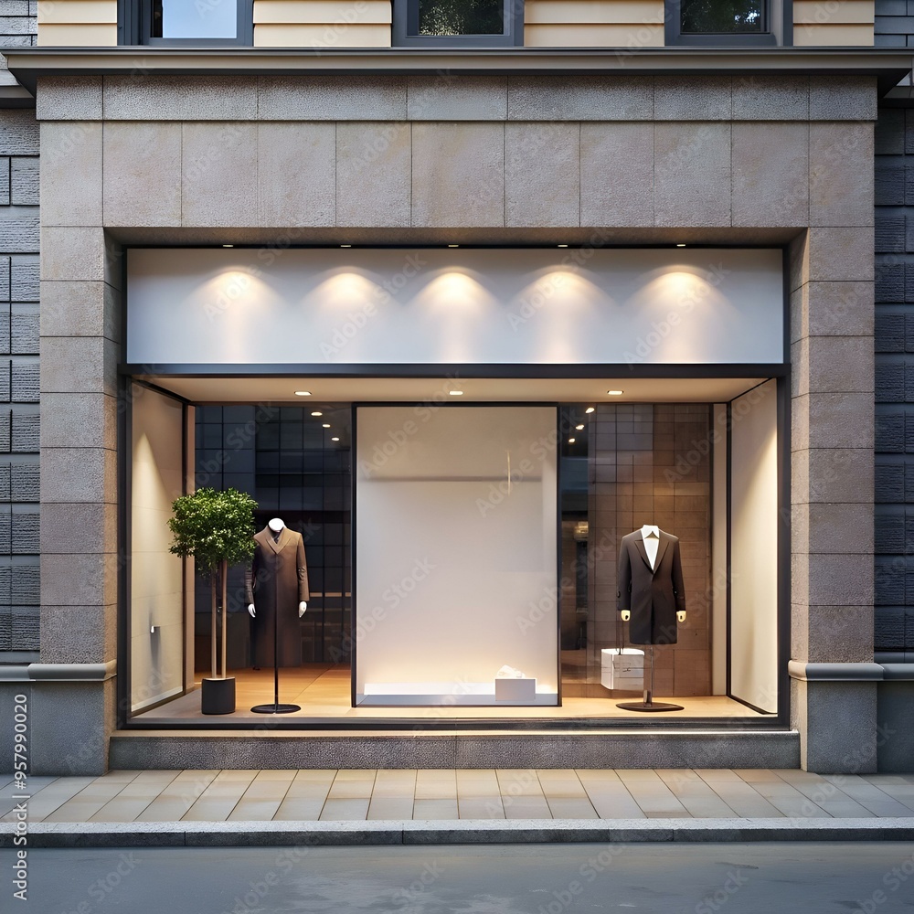 Poster a clean and modern storefront mockup featuring a large window display with mannequins and a blank sp