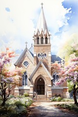 Obraz premium A watercolor of a church decorated for Easter with flowers and ribbons