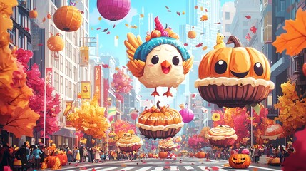 Cute cartoon bird and pumpkin balloons float down a city street during a fall festival.