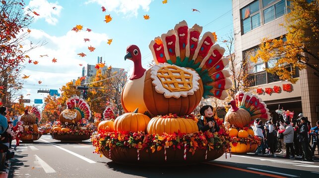Kawaii Thanksgiving parade with cute floats shaped like pies, turkeys, and pumpkins