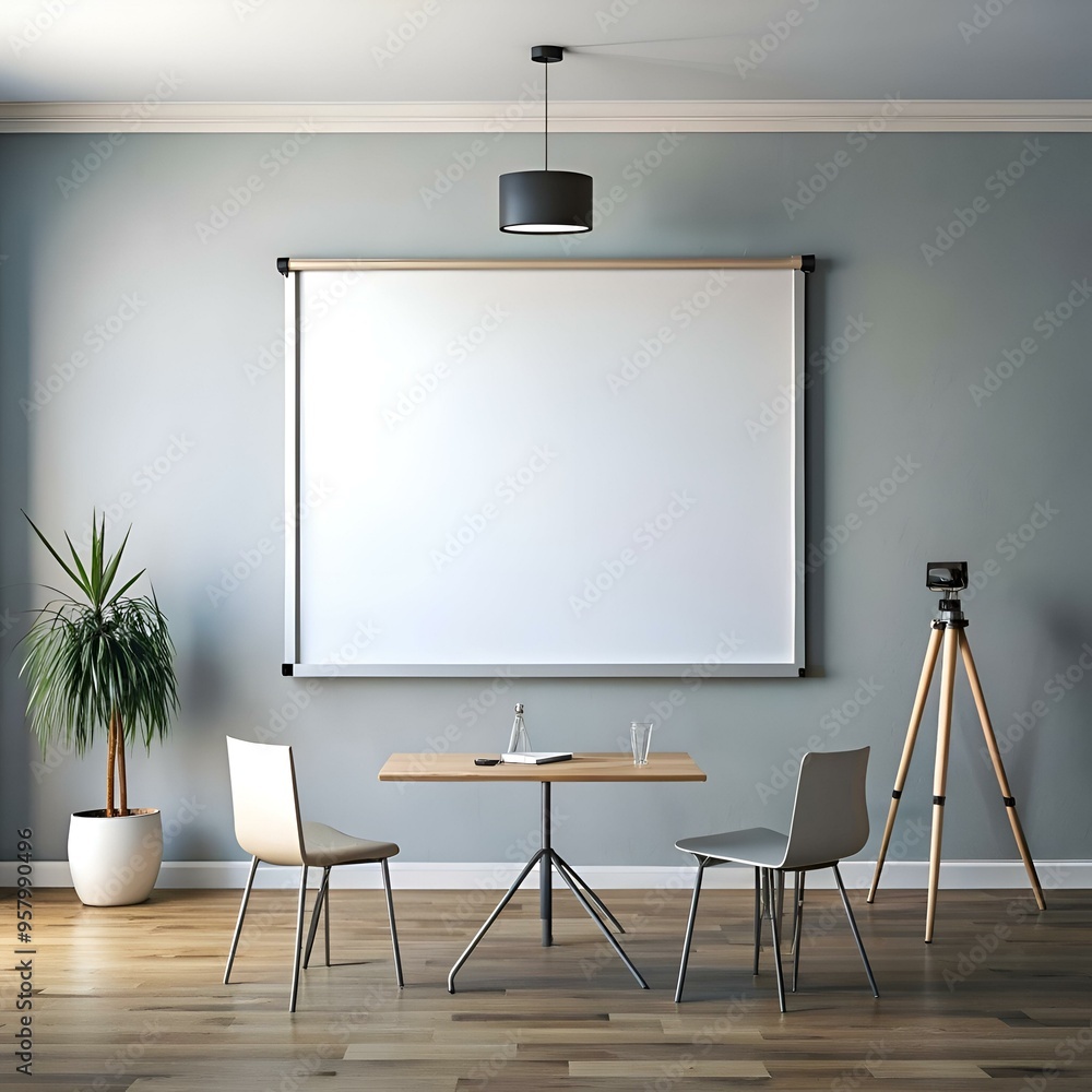 Poster a minimalist presentation setup with a blank whiteboard. camera on a tripod. and two chairs around a