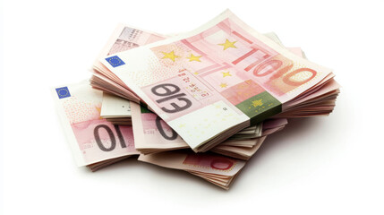 Euro currency banknotes. Big stack of money. Simple, flat style. Graphic vector illustration. European paper money backdrop with 100, 200, and 500 euros bills. Isometric view on a white background