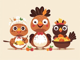 Fototapeta premium Cute cartoon Thanksgiving turkeys family eating dinner.