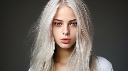 Fototapeta premium Portrait of a serious aggressive blonde teenage girl with white long hair with perfect skin, gray background, banner.