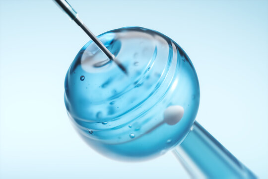Medical operation, thin syringe needle or laser in cell injection invitro. Artificial insemination. 3d rendering