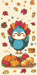 Cute cartoon chicken with a pumpkin and autumn leaves.