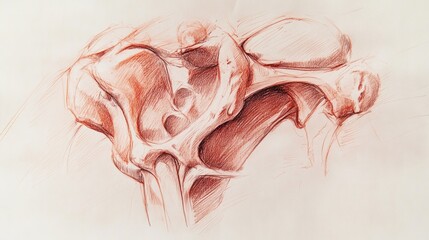 Detailed pencil drawing of a human pelvis bone.