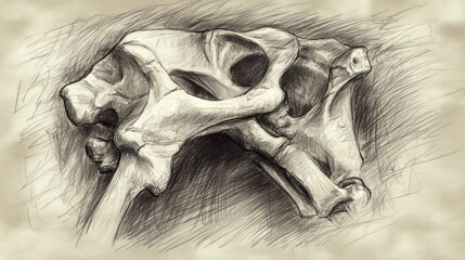 A detailed pencil drawing of an animal skull on a textured background.