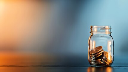 A transparent jar filled with coins, representing savings, investment, and financial growth against a soft, colorful background.