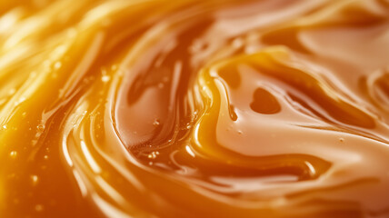 A macro shot of the surface of caramel sauce, with its smooth, glossy finish and rich golden-brown color, highlighting the syrupy texture.