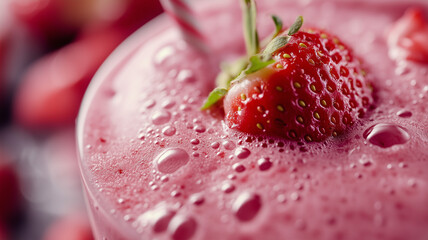 Close-up of a strawberry milkshake with tiny air bubbles and pieces of strawberry pulp floating near the surface, giving it a rich and inviting texture.