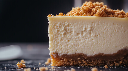 Close-up of a slice of cheesecake with a crumbly graham cracker crust and a smooth, creamy surface, highlighting the contrasting textures.