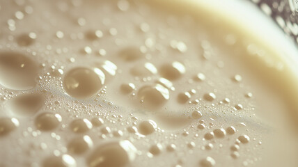 Close-up of the surface of a glass of cold milk, showing tiny droplets of condensation and a smooth, white, creamy texture.