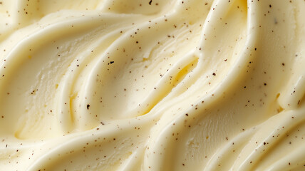 Close-up of creamy vanilla ice cream with visible swirls and tiny specks of vanilla bean, creating a soft and smooth texture.