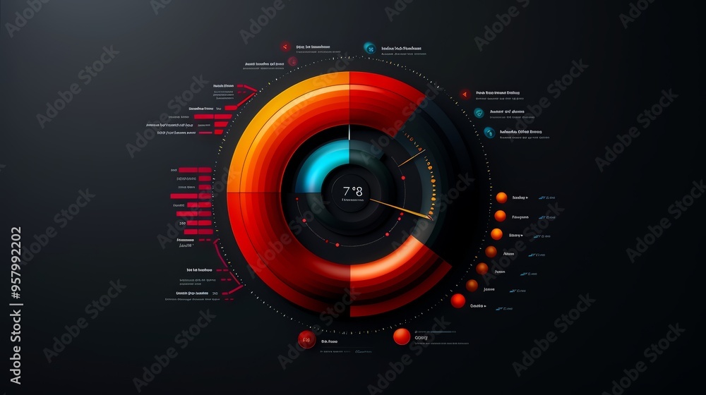 Poster Abstract data visualization featuring circular graphs and dynamic color scheme for modern analytics and presentations.