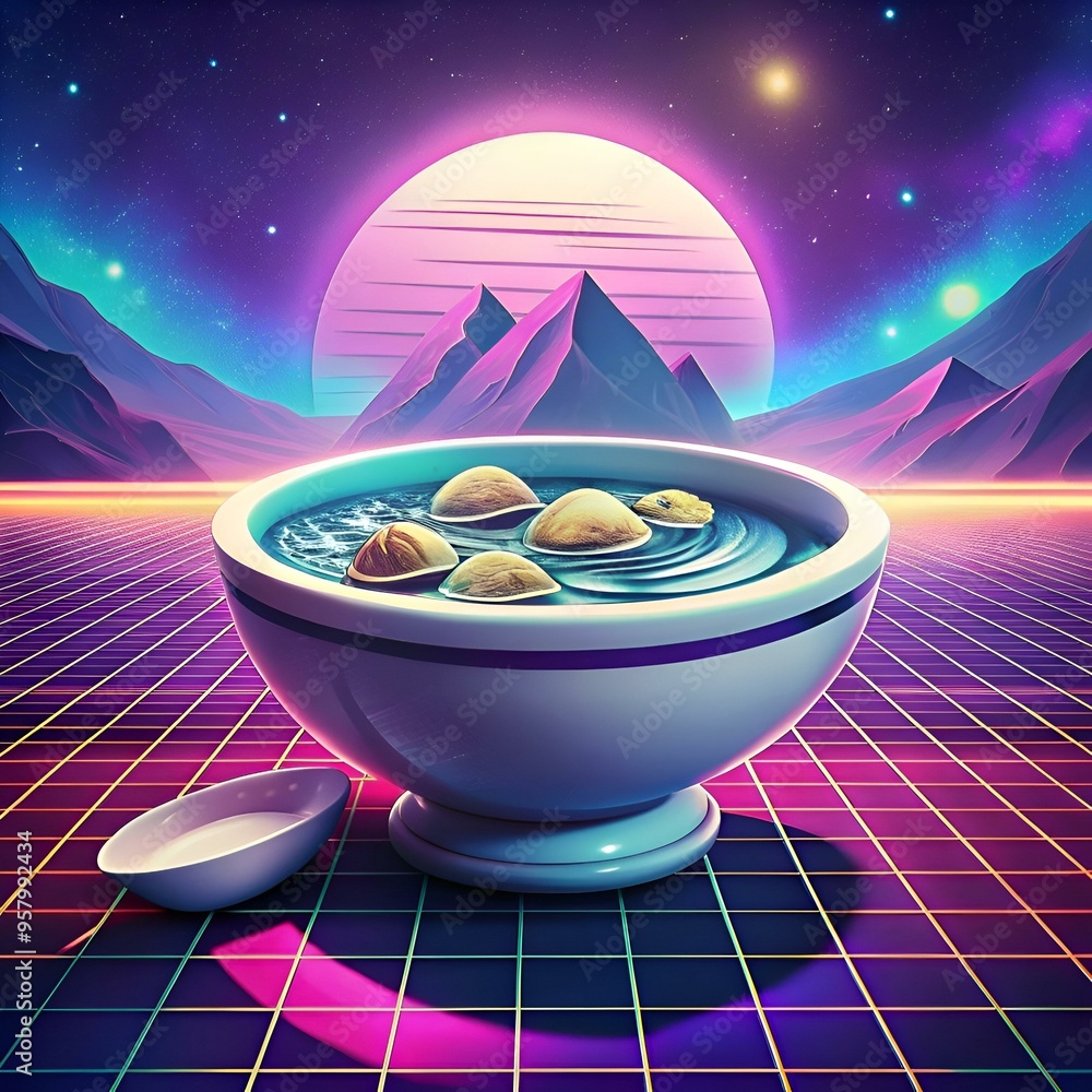Poster a retro futuristic 3d illustration of a bowl of clam chowder with clams floating on the surface. set