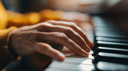 Obraz premium Close-up of a hand playing a piano, showcasing the elegance and artistry of musical expression in a cozy environment.