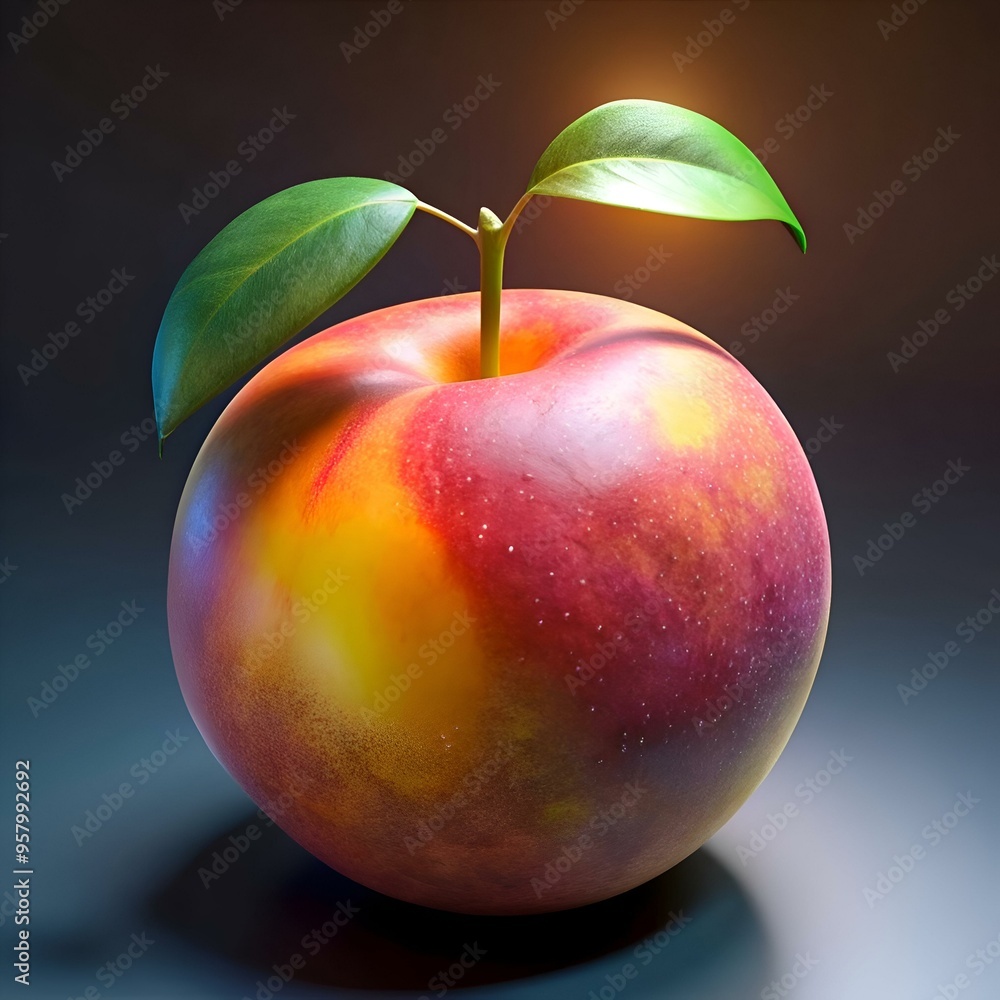Poster a vibrant. photorealistic 3d rendering of a nectarine with a single stem and two leaves.