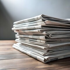 Stack of newspapers on a wooden table.