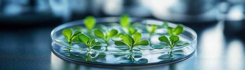 A laboratory petri dish with green leaves sprouting, symbolizing the growth of ecologically friendly biotechnology