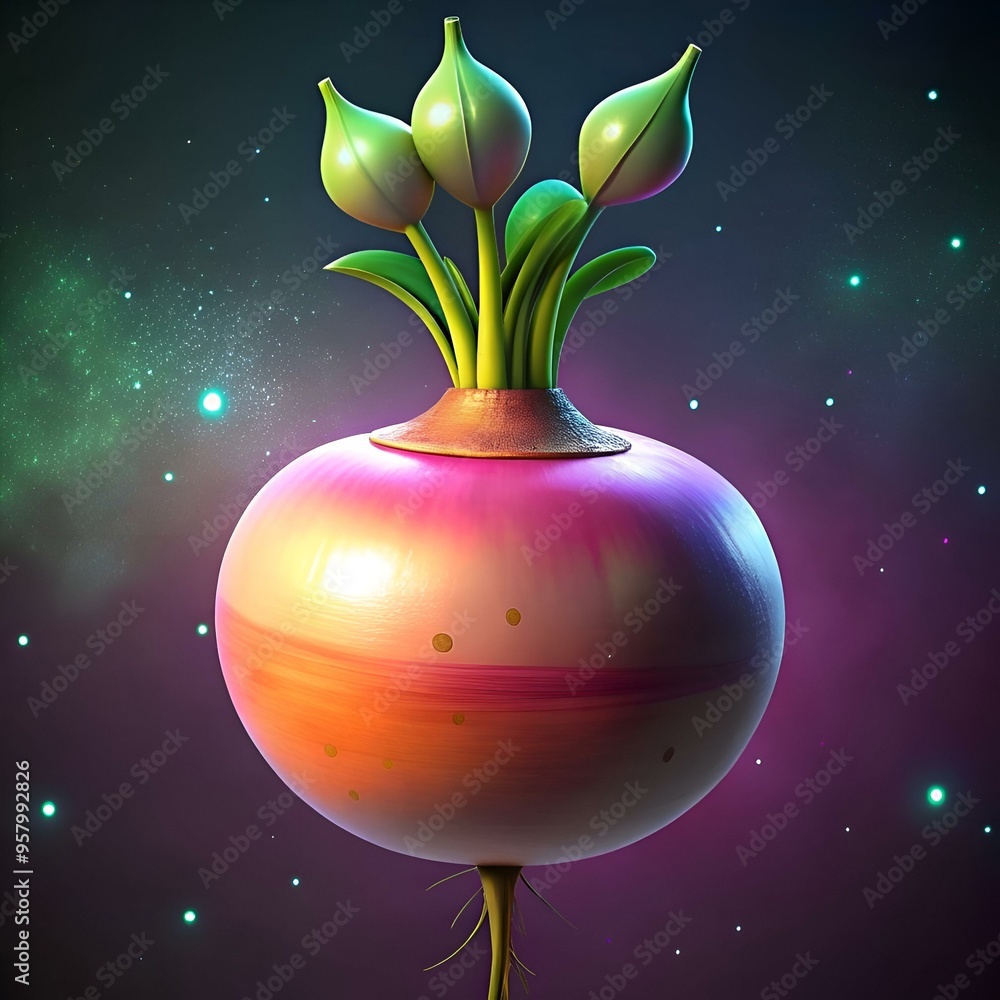 Poster a whimsical 3d rendering of a glowing turnip set against a vibrant cosmic backdrop.