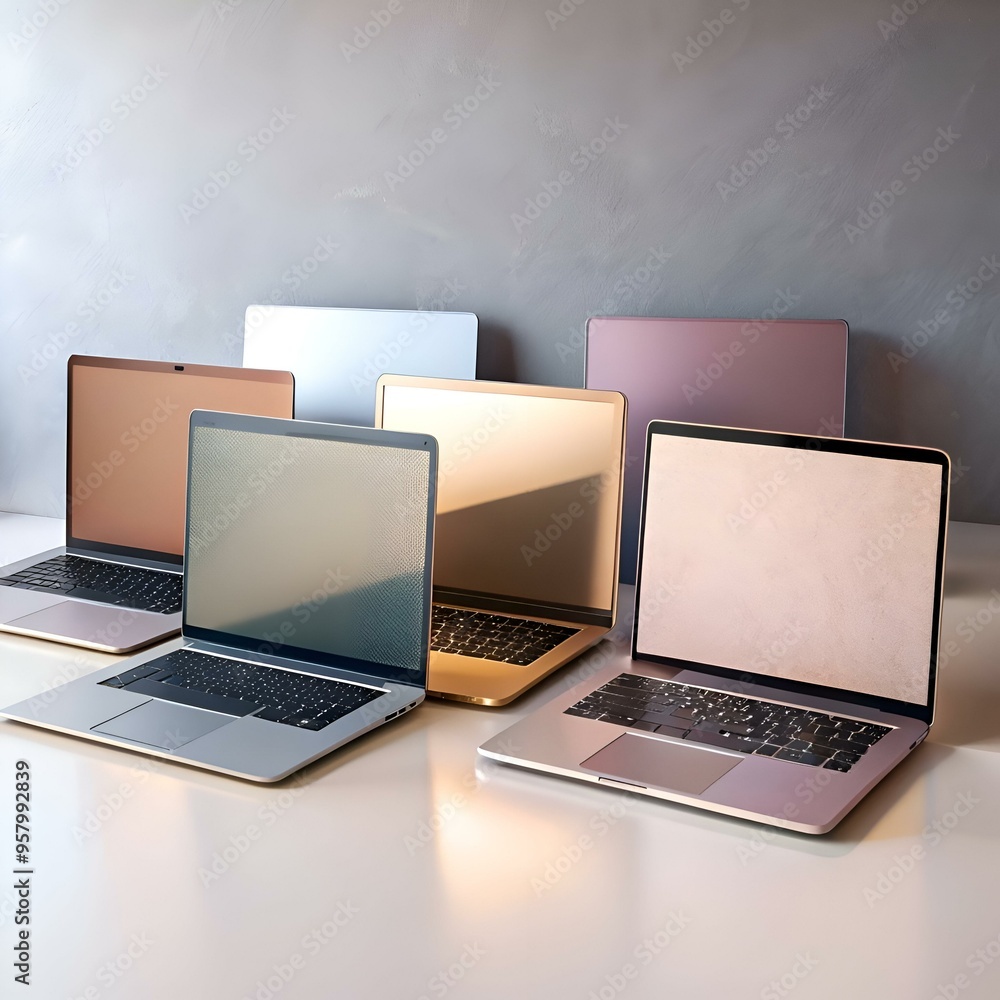 Poster a row of five laptops. each with a different color. sits on a white surface against a textured grey 