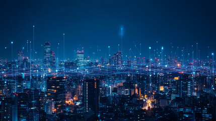 Modern city with wireless network connection and cityscape concept. Wireless network and connection technology concept with a city background at night