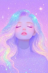 A serene, pastel-colored portrait of a woman with glittering hair and closed eyes, surrounded by sparkles and soft light.
