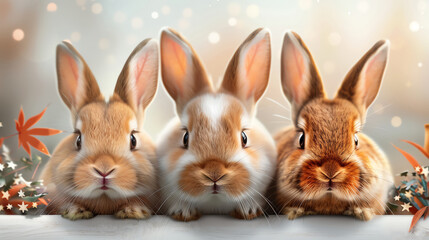 Fototapeta premium Three cute rabbits with boho accessories and soft colors, in a cozy background with stars and leaves, clipart style
