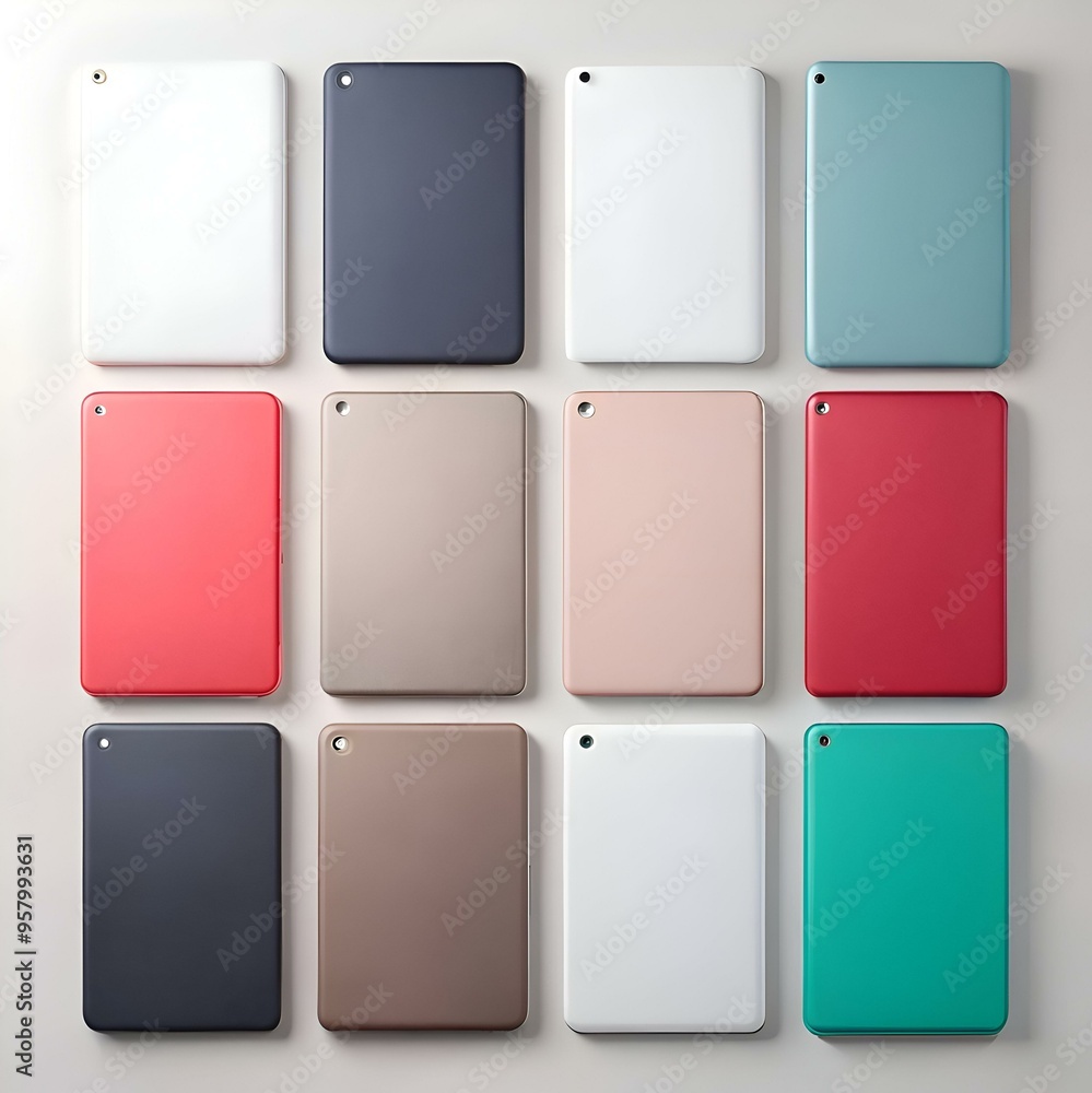Poster a vibrant arrangement of twelve colorful tablets in a grid pattern. perfect for showcasing technolog