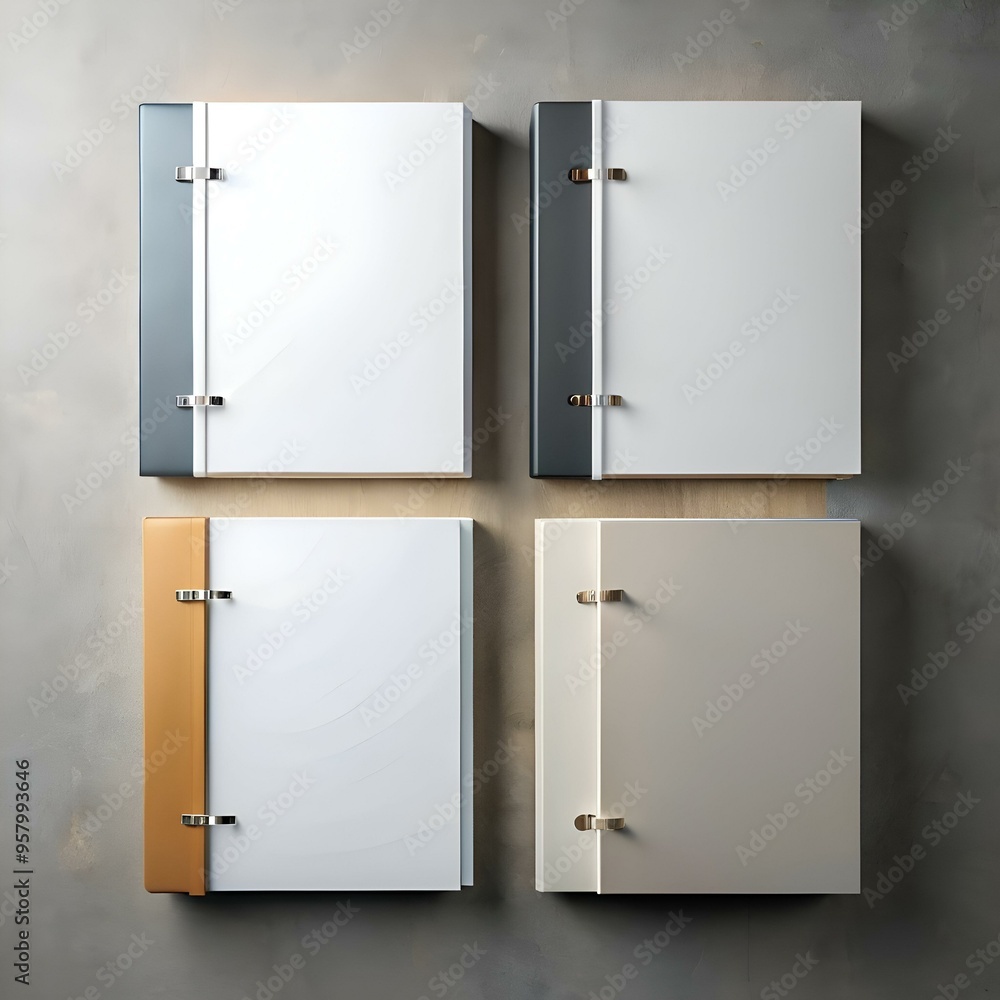 Poster four blank photo albums with different colored spines. arranged on a concrete background. provide a 