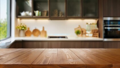 Encimera de madera moderna con una cocina de fondo  © Michelle