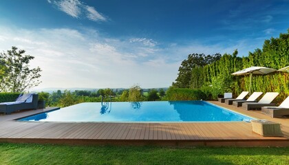 Piscina moderna y elegante minimalista con hamacas en una mansión con vistas al bosque y el cielo azul