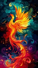 Fototapeta premium An illustrated phoenix soaring through fiery clouds.
