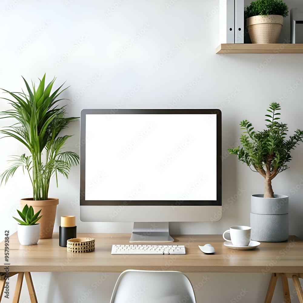 Poster modern minimalist home office with a blank computer screen. perfect for showcasing your designs. web