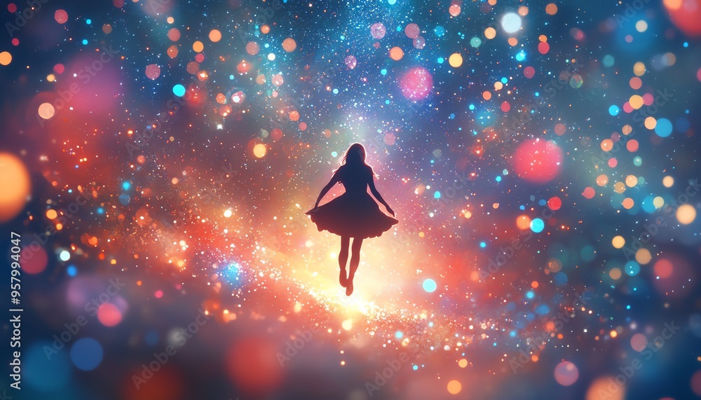 Poster create an ethereal scene of a free spirit floating in a world of bliss and light, with vibrant color