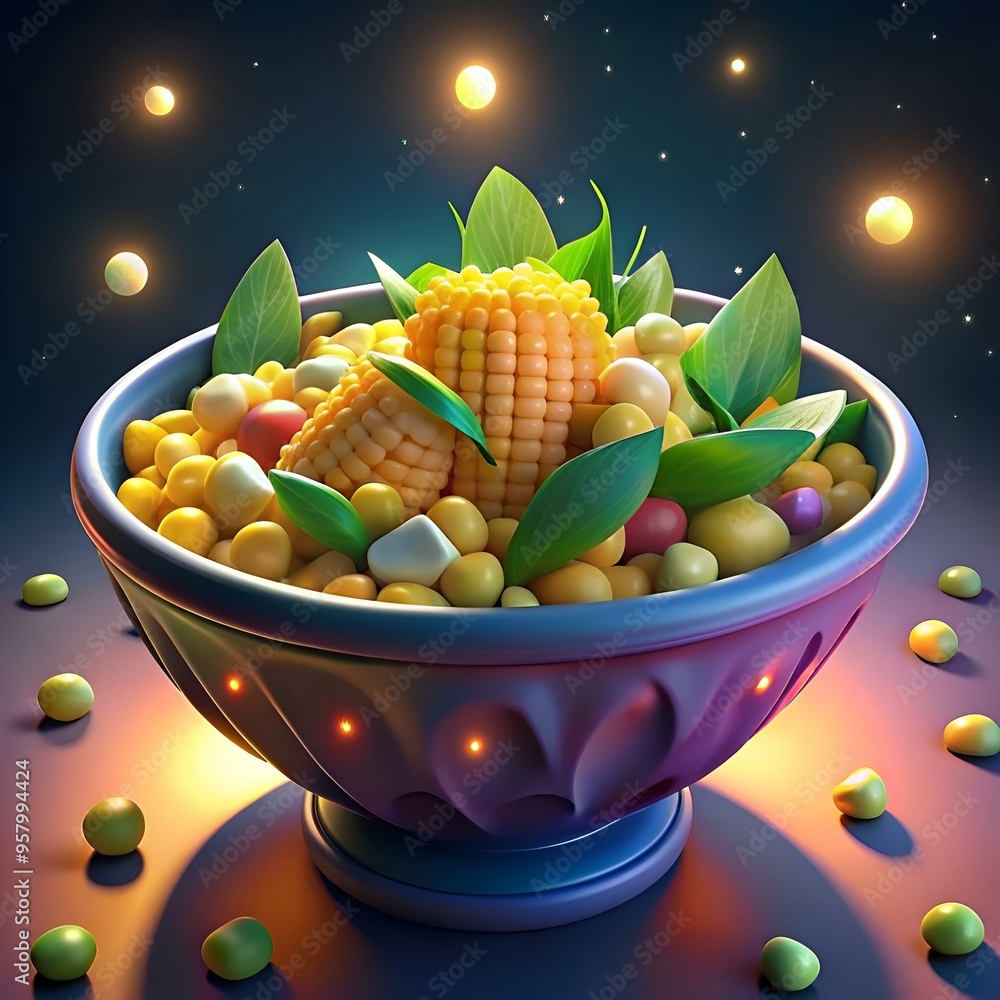 Poster a whimsical bowl overflowing with corn on the cob. surrounded by colorful candy and illuminated by s