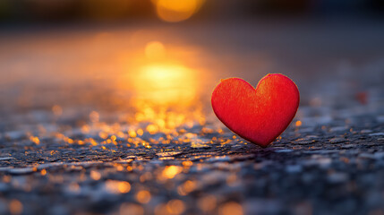 Fototapeta premium Small red heart stands upright on a textured surface, illuminated by a warm, golden sunset, symbolizing love and warmth.