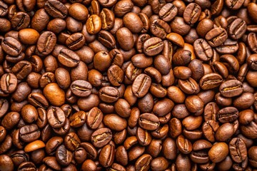 Fototapeta premium A close-up of roasted coffee beans, showing their rich brown color and intricate textures.