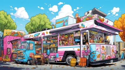 Food truck illustration design, with various kinds of wet food and fast food snacks