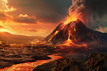 Fototapeta premium Generative ai on theme of erupting volcano with cascading hot lava surrounded thick white smoke