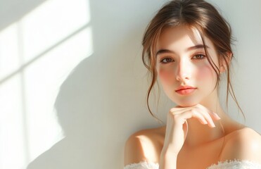 Young woman in white dress posing with hand on chin, shadow of hands and face visible