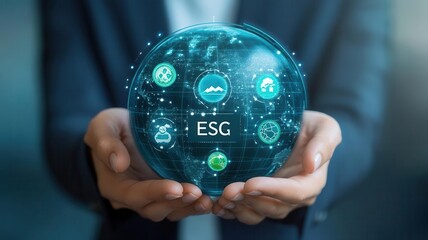 A corporate leader holding a globe with icons representing environmental, social, and governance elements, symbolizing a balanced ESG approach