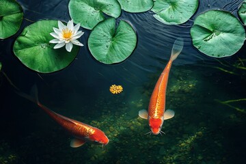 Two Koi Fish Swimming in a Pond with Lily Pads and a White Water Lily