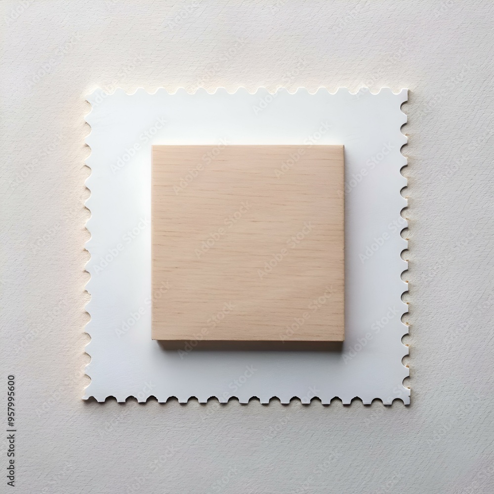 Poster simple. minimalist mockup of a wooden block placed on a white card with a perforated border. perfect