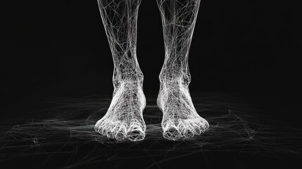 A pair of human feet rendered as a wireframe mesh against a black background.
