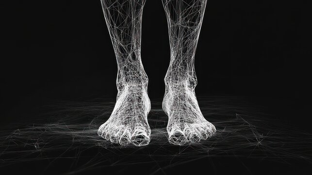 A pair of human feet rendered as a wireframe mesh against a black background.